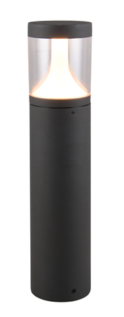 LED-Außen-Sockelleuchte in zylindrischer Form, frontal fotografiert, mit schwarzem Gehäuse und transparentem oberen Teil, der das Licht abstrahlt.