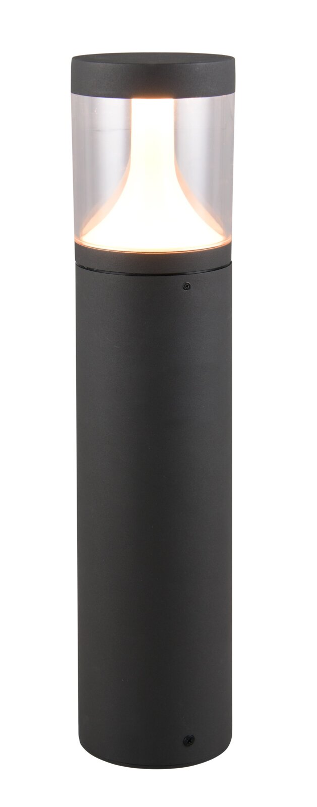 LED-buitenplintlamp in cilindrische vorm, van voren gefotografeerd, met een zwarte behuizing en een transparant bovenste gedeelte dat het licht verspreidt.