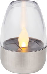Solarbetriebene LED-Kerze in einem transparenten Gehäuse mit Metallbasis, seitliche Perspektive