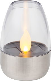 Solarbetriebene LED-Kerze in einem transparenten Gehäuse mit Metallbasis, seitliche Perspektive