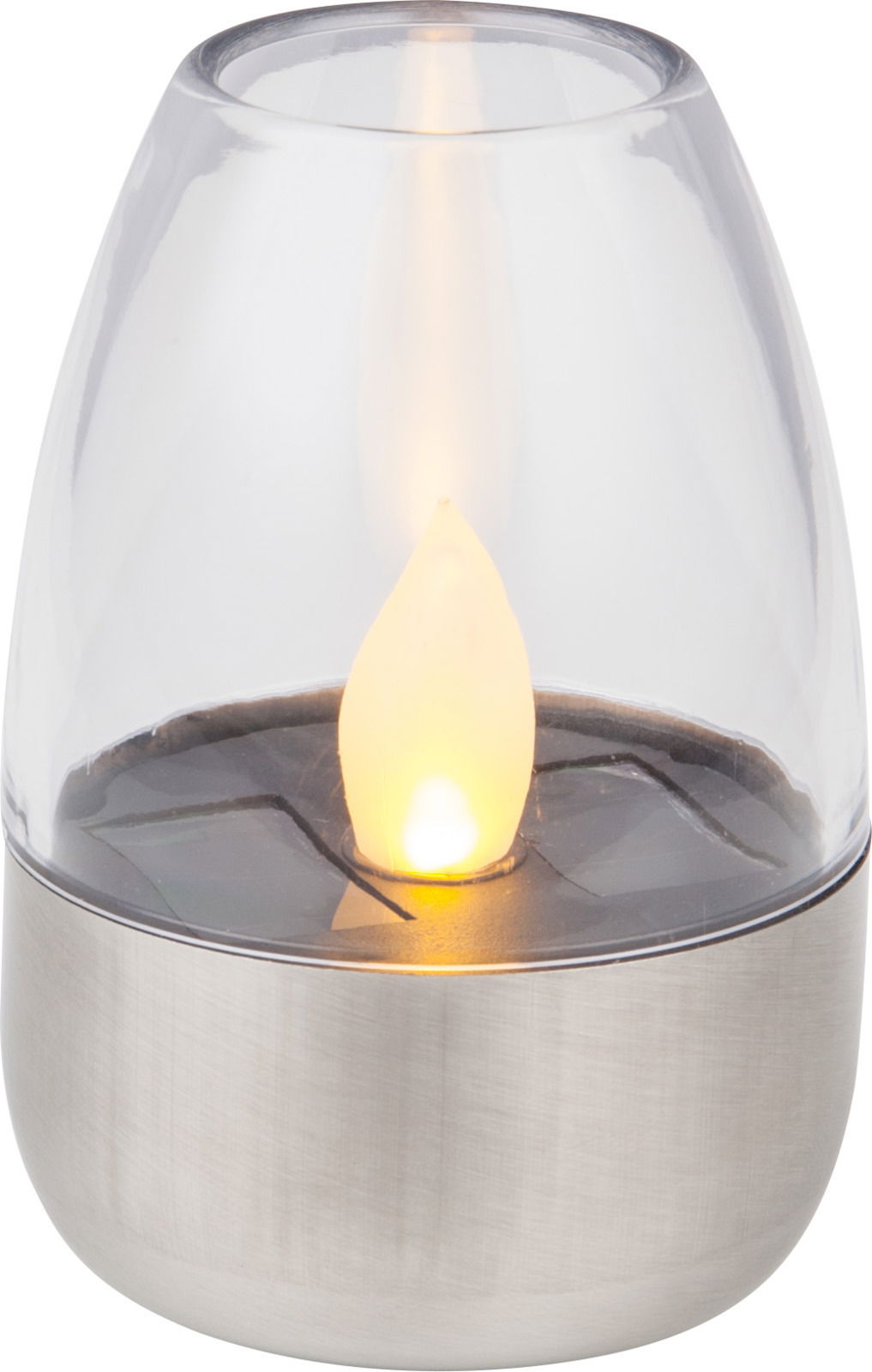 Solarbetriebene LED-Kerze in einem transparenten Gehäuse mit Metallbasis, seitliche Perspektive