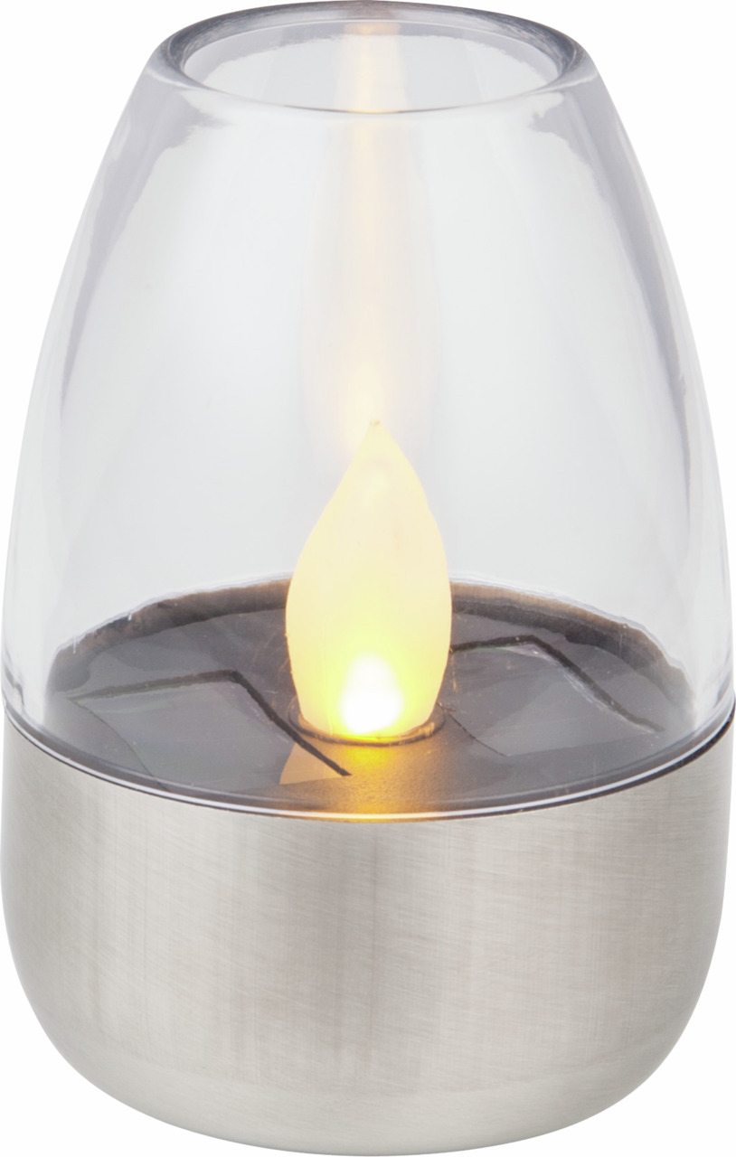Solarbetriebene LED-Kerze in einem transparenten Gehäuse mit Metallbasis, seitliche Perspektive