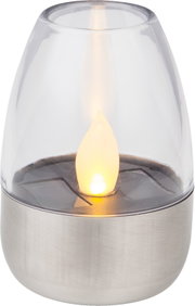 Solarbetriebene LED-Kerze in einem transparenten Gehäuse mit Metallbasis, seitliche Perspektive