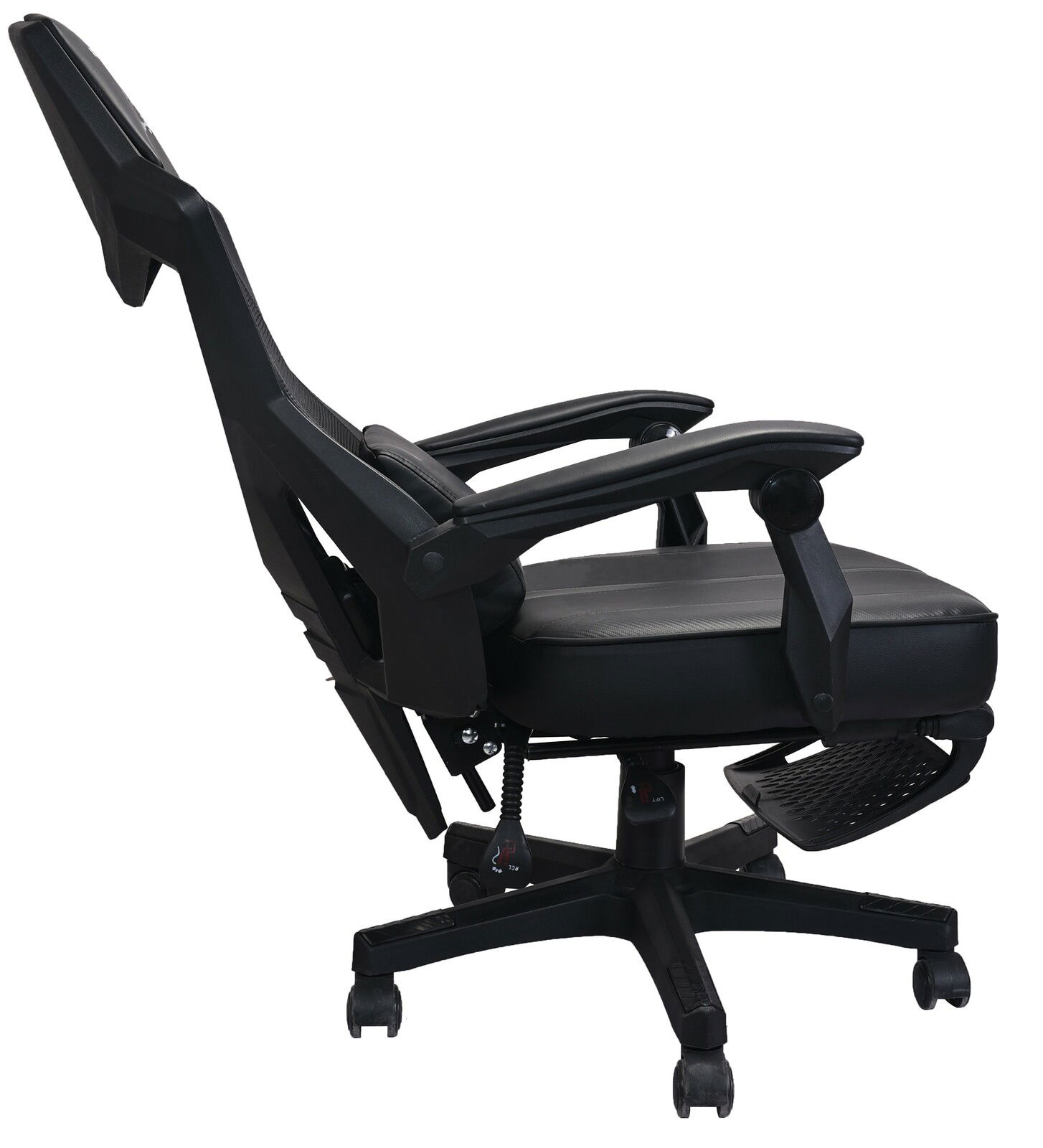 Seitliche Ansicht eines schwarzen Gaming-Stuhls mit verstellbaren Armlehnen und Fußstütze.