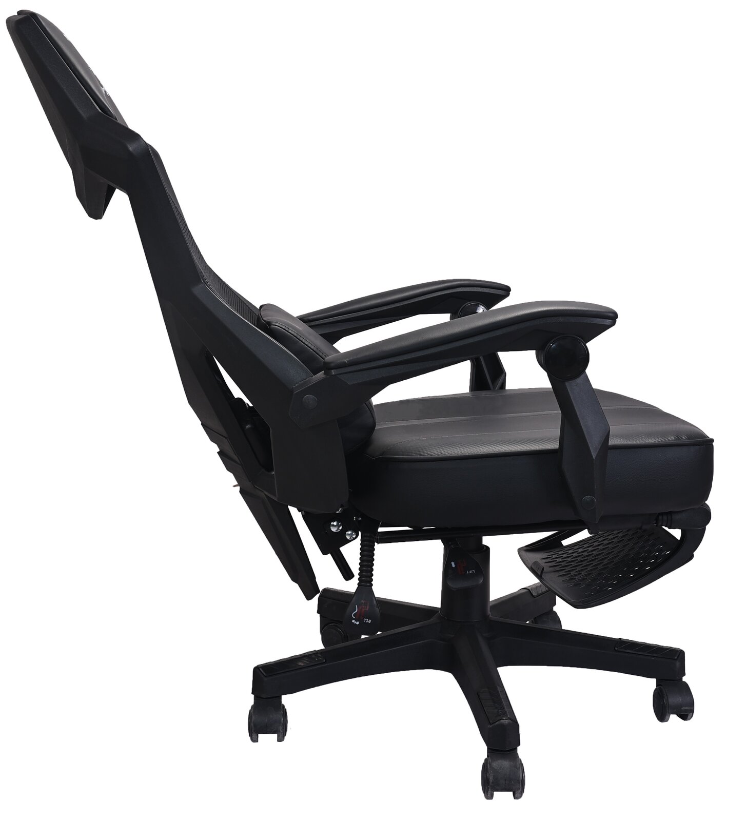 Seitliche Ansicht eines schwarzen Gaming-Stuhls mit verstellbaren Armlehnen und Fußstütze.