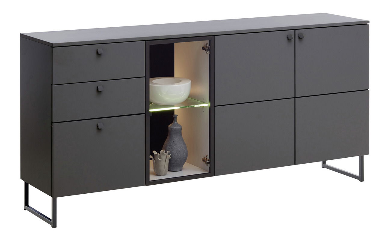 Modernes Sideboard in dunklem Grau mit mehreren Schubladen und Türen, mittig mit beleuchtetem Fach, seitliche Perspektive