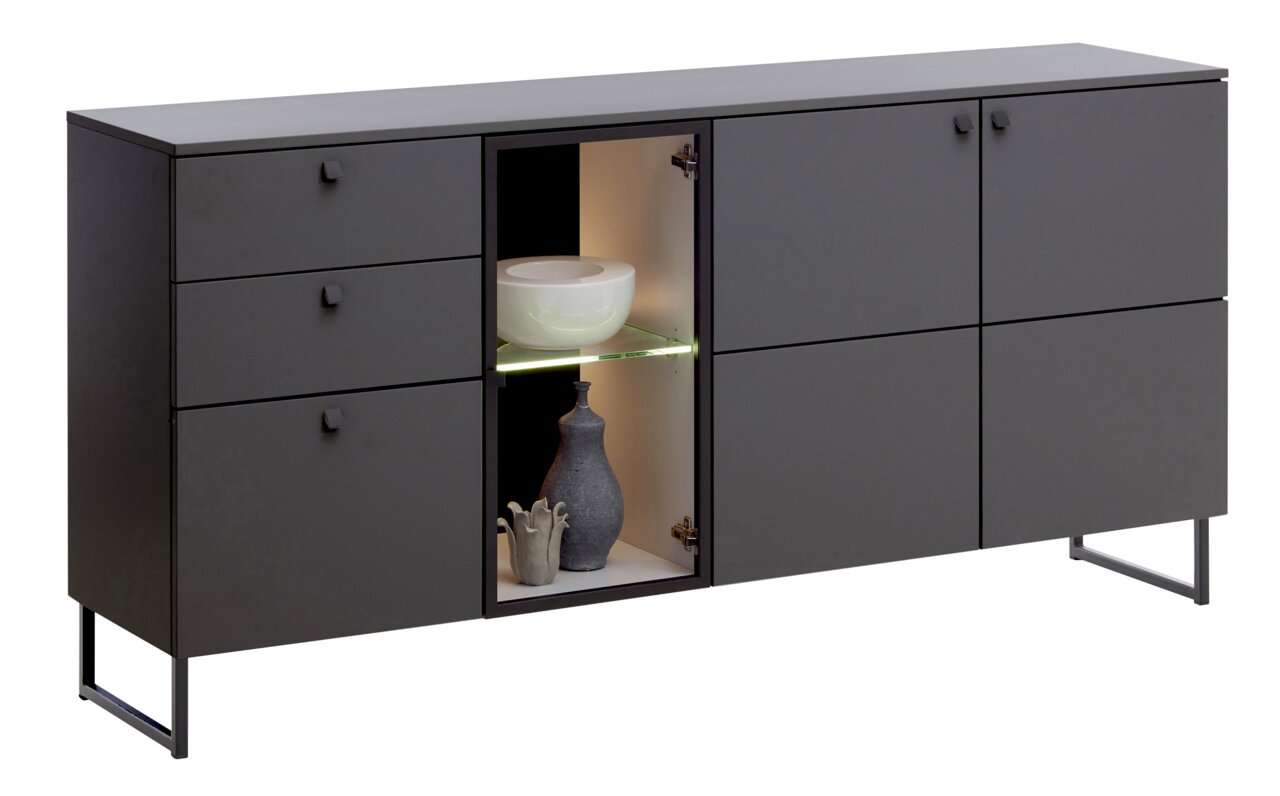Valdera Sideboard LUGANO Modernes Sideboard in dunklem Grau mit mehreren Schubladen und Türen, mittig mit beleuchtetem Fach, seitliche Perspektive
