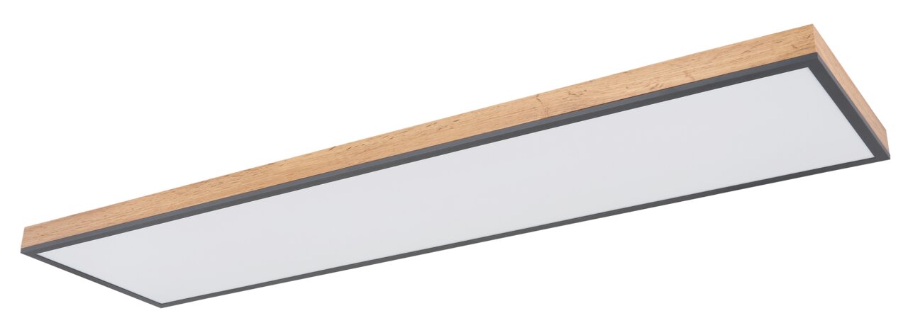 Rechteckige Deckenleuchte mit Holzrahmen und weißer Oberfläche, seitliche Perspektive
