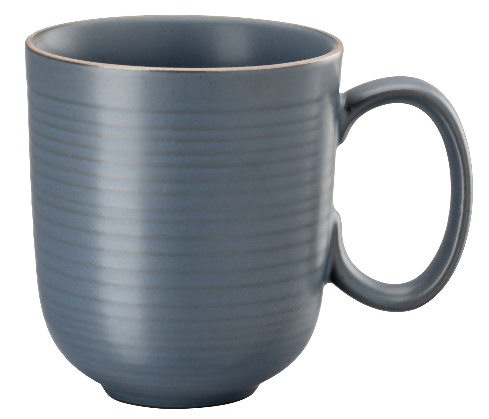 Blauer Becher mit Henkel, seitliche Perspektive