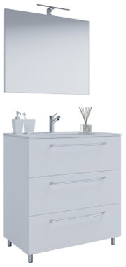 Modernes weißes Badmöbel-Set mit Waschbecken, Unterschrank mit drei Schubladen und großem Spiegel mit Aufsatzleuchte, frontal in leichter Seitenperspektive (links) dargestellt