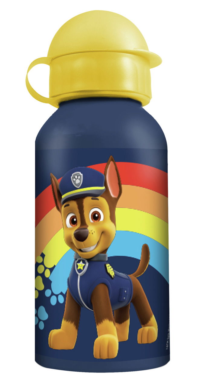 Aluflasche mit gelbem Deckel und buntem Paw-Patrol-Motiv, seitliche Ansicht