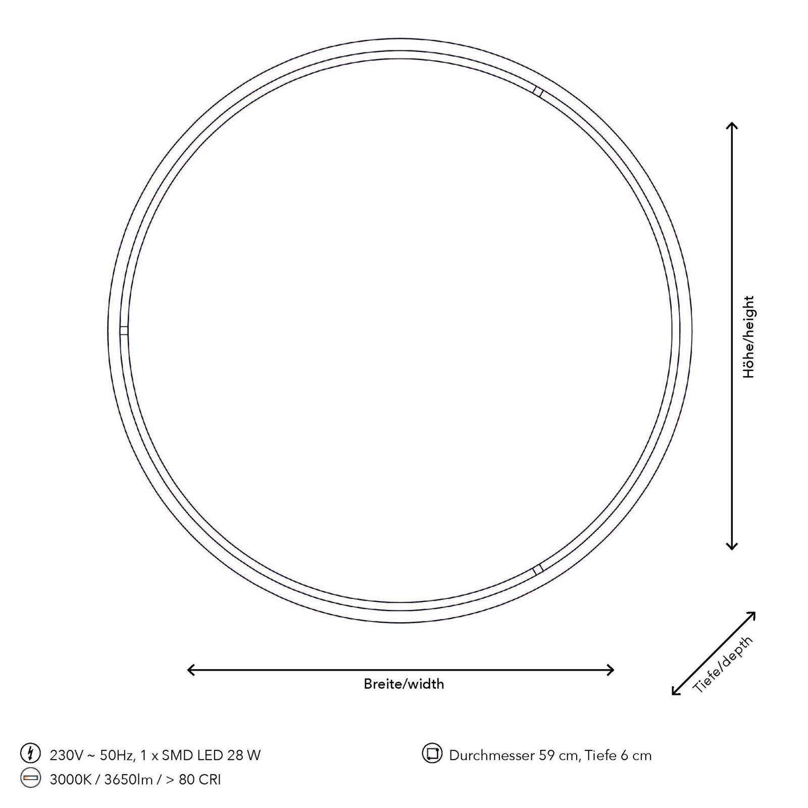 Runde LED-Deckenleuchte mit einem Durchmesser von 59 cm und einer Tiefe von 6 cm, dargestellt in einer Draufsicht. Die Leuchte hat eine Leistung von 28 W, eine Farbtemperatur von 3000K und eine Lichtstärke von 3650 Lumen.