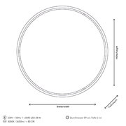 Runde LED-Deckenleuchte mit einem Durchmesser von 59 cm und einer Tiefe von 6 cm, dargestellt in einer Draufsicht. Die Leuchte hat eine Leistung von 28 W, eine Farbtemperatur von 3000K und eine Lichtstärke von 3650 Lumen.