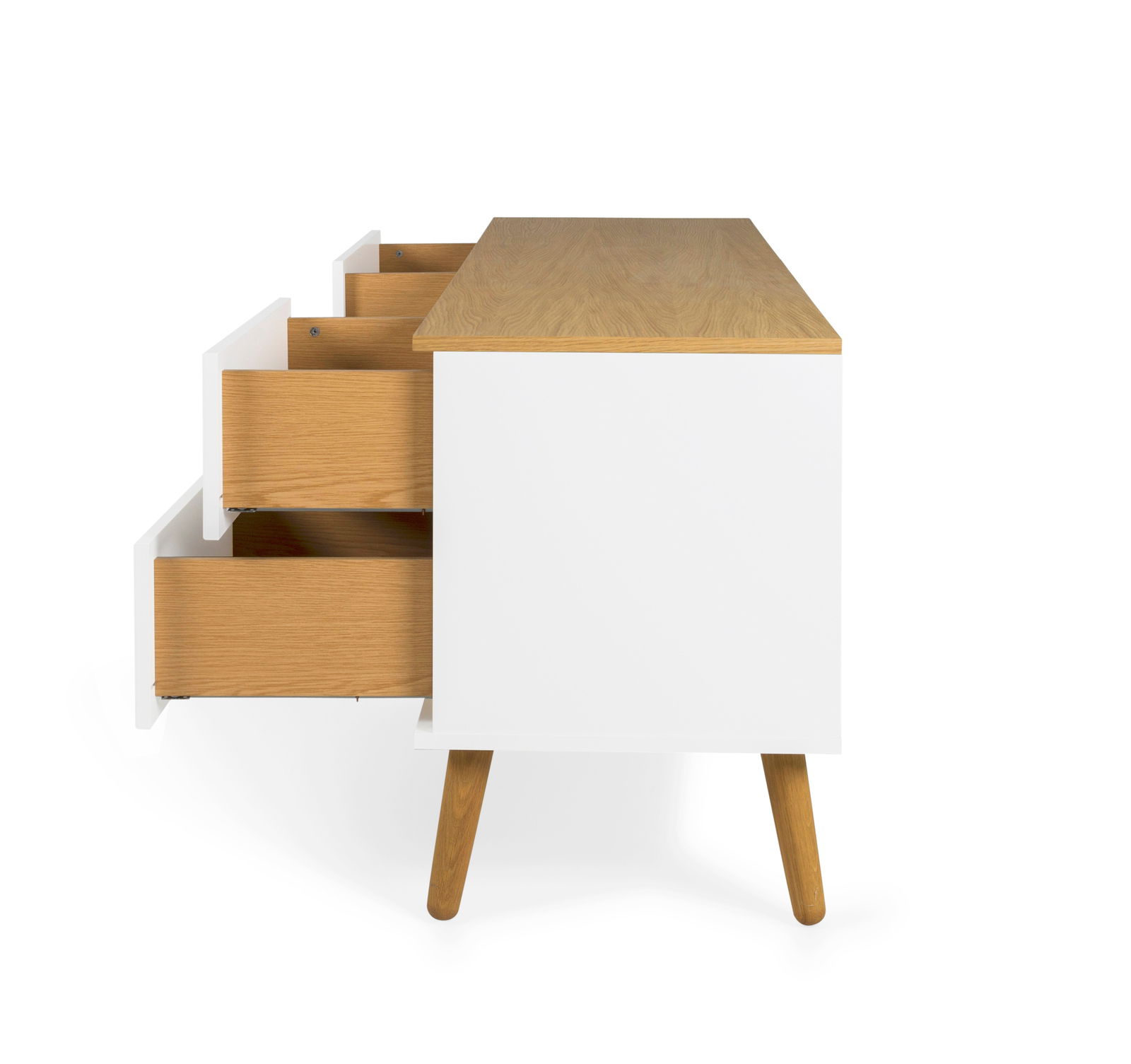 Seitenansicht eines TV-Boards mit weißen Seiten und Holzoberfläche, drei geöffnete Schubladen und Holzbeinen.