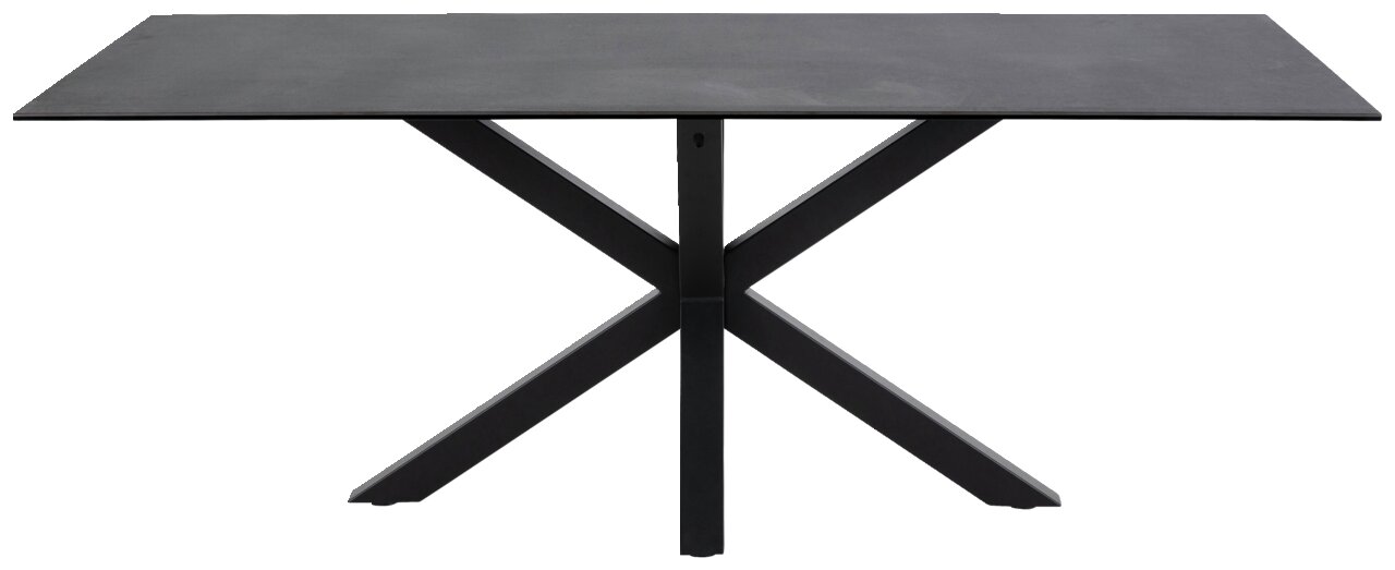 Moderne eettafel met zwart tafelblad en X-vormig metalen onderstel, gezien van voren.