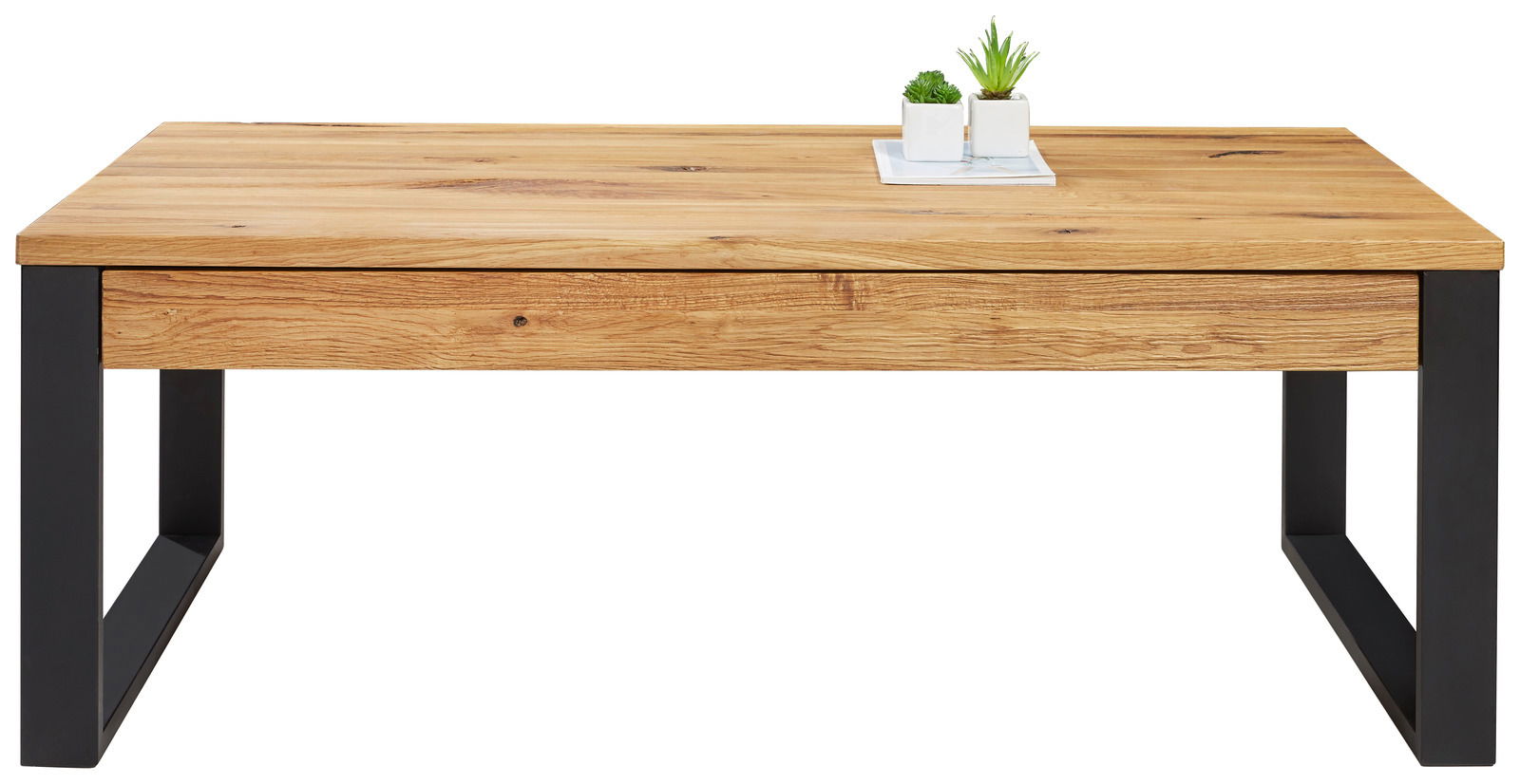 Moderner Couchtisch mit Holzplatte und schwarzen Metallbeinen, frontal betrachtet.