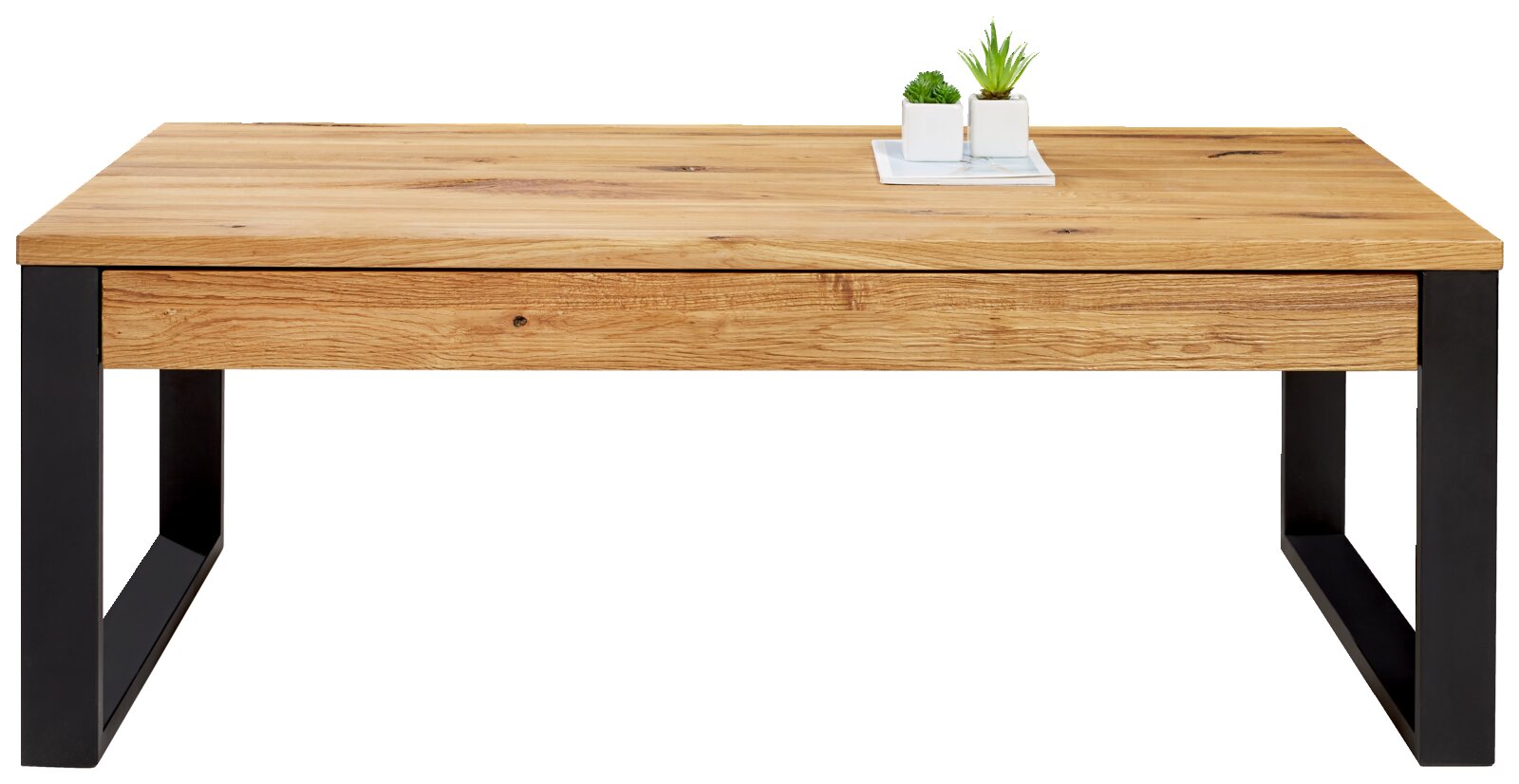 Moderner Couchtisch mit Holzplatte und schwarzen Metallbeinen, frontal betrachtet.