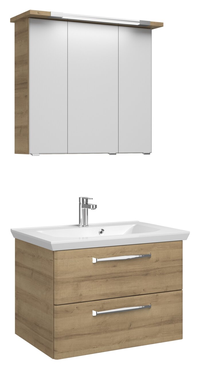 Moderner Badblock mit Holzoptik und weißem Waschbecken, frontal abgebildet. Oberschrank mit Spiegel und integrierter Beleuchtung.