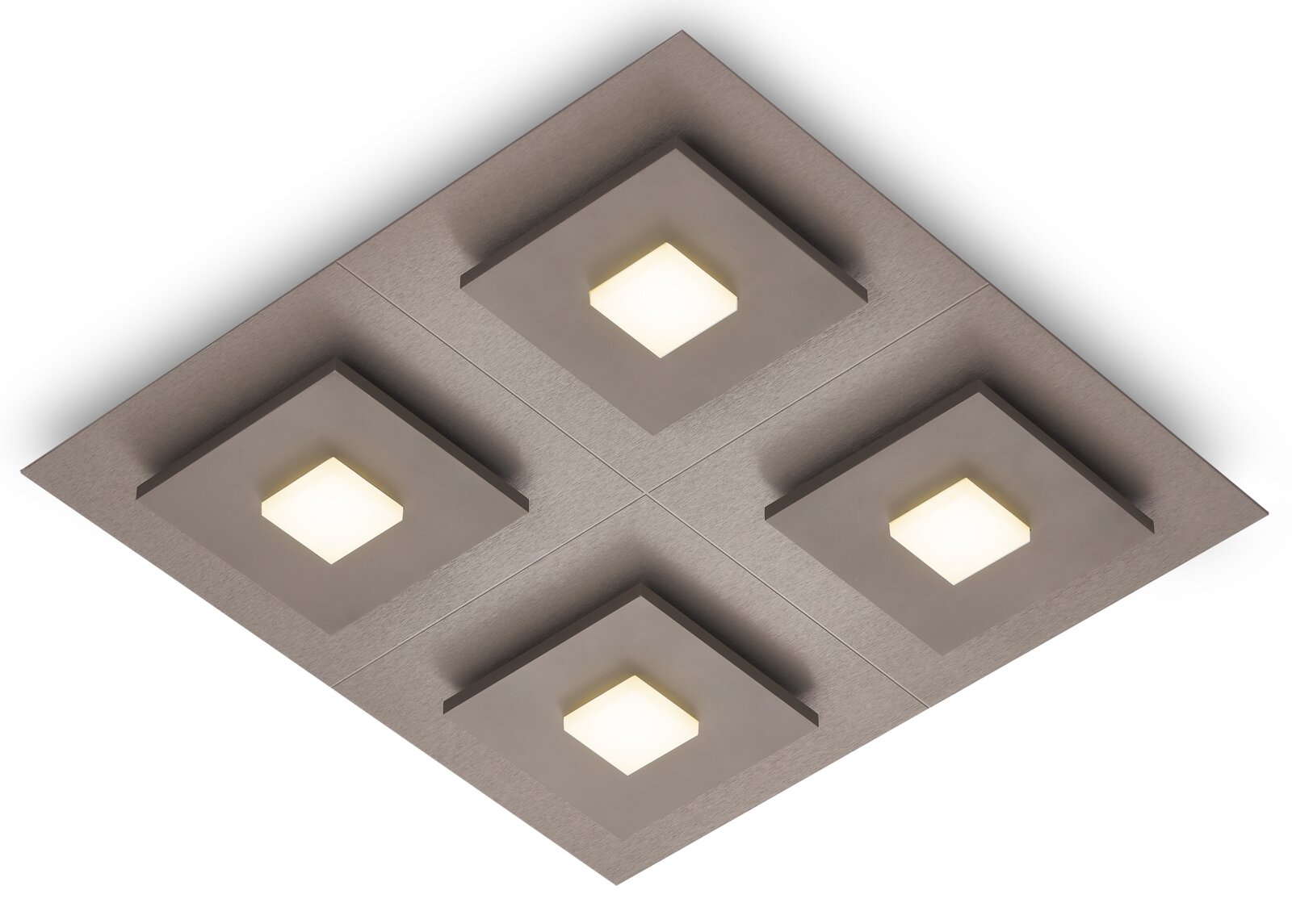 Grossmann LED-Deckenleuchte PLANO Moderne quadratische LED-Deckenleuchte in gebürsteter Metalloptik mit vier geometrisch angeordneten, warmweiß leuchtenden Elementen, aus schräger Untersicht dargestellt