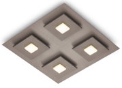 Moderne quadratische LED-Deckenleuchte in gebürsteter Metalloptik mit vier geometrisch angeordneten, warmweiß leuchtenden Elementen, aus schräger Untersicht dargestellt