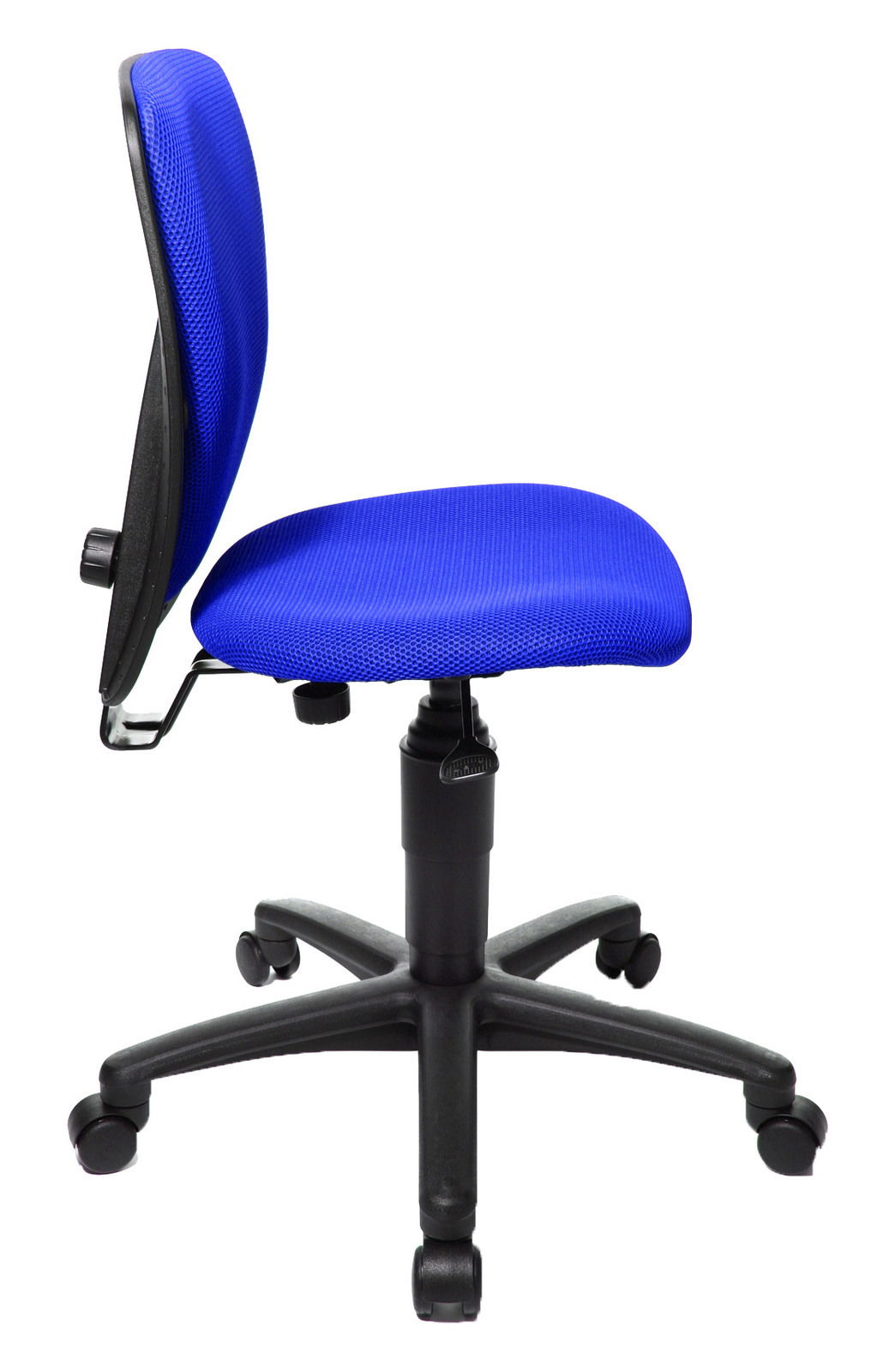 Seitenansicht eines blauen Kinder- und Jugendstuhls mit schwarzem Drehfuß und Rollen.