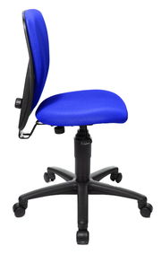 Seitenansicht eines blauen Kinder- und Jugendstuhls mit schwarzem Drehfuß und Rollen.