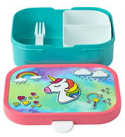 Bunte Brotdose mit Einhorn-Motiv, geöffnet, mit Fächern und Gabel, aus der Vogelperspektive