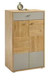 Holz-Garderobenschrank mit grauen Akzenten, Ansicht von vorne links