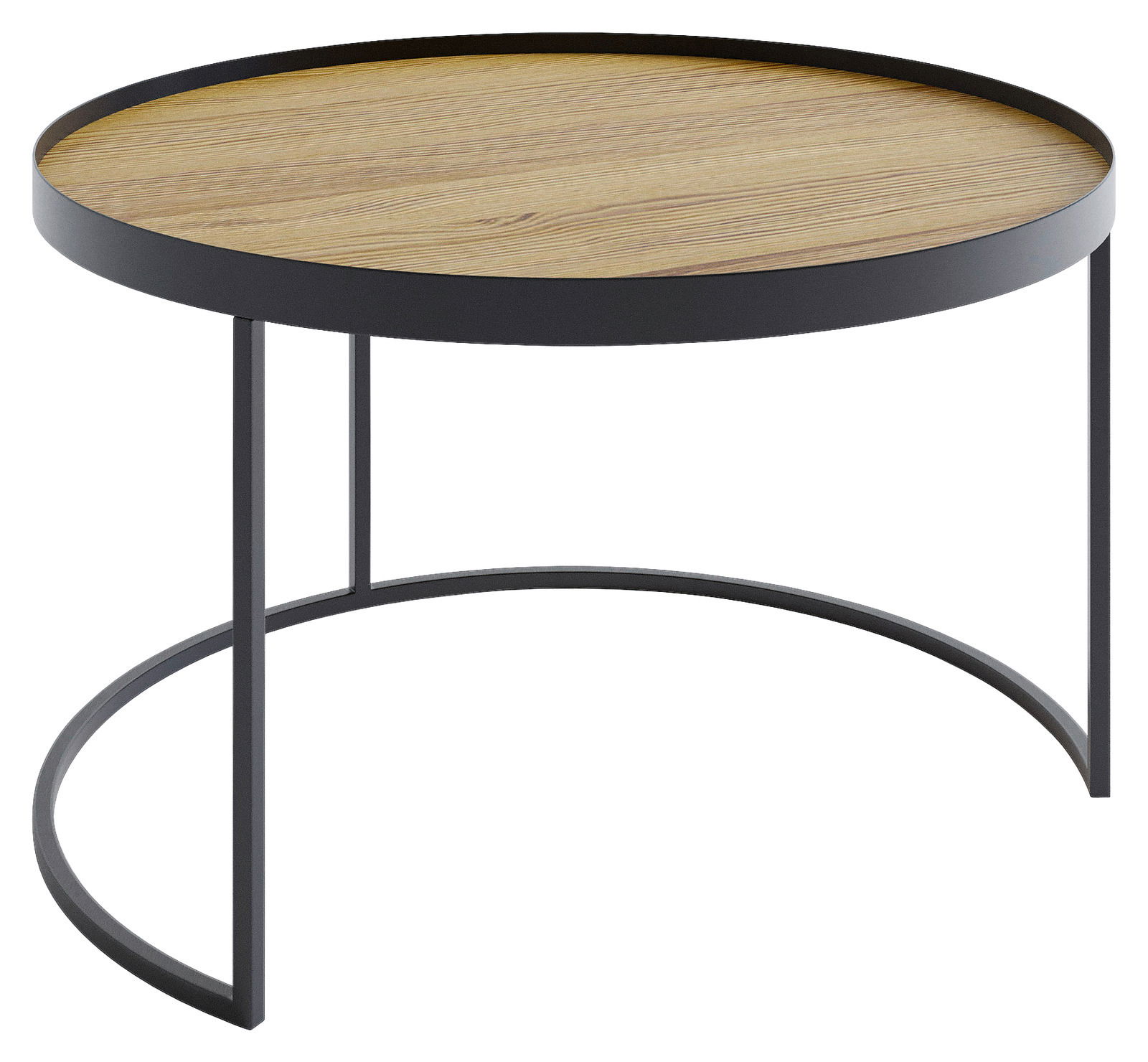 Runder Couchtisch mit schwarzem Metallgestell und Holzplatte, seitliche Perspektive