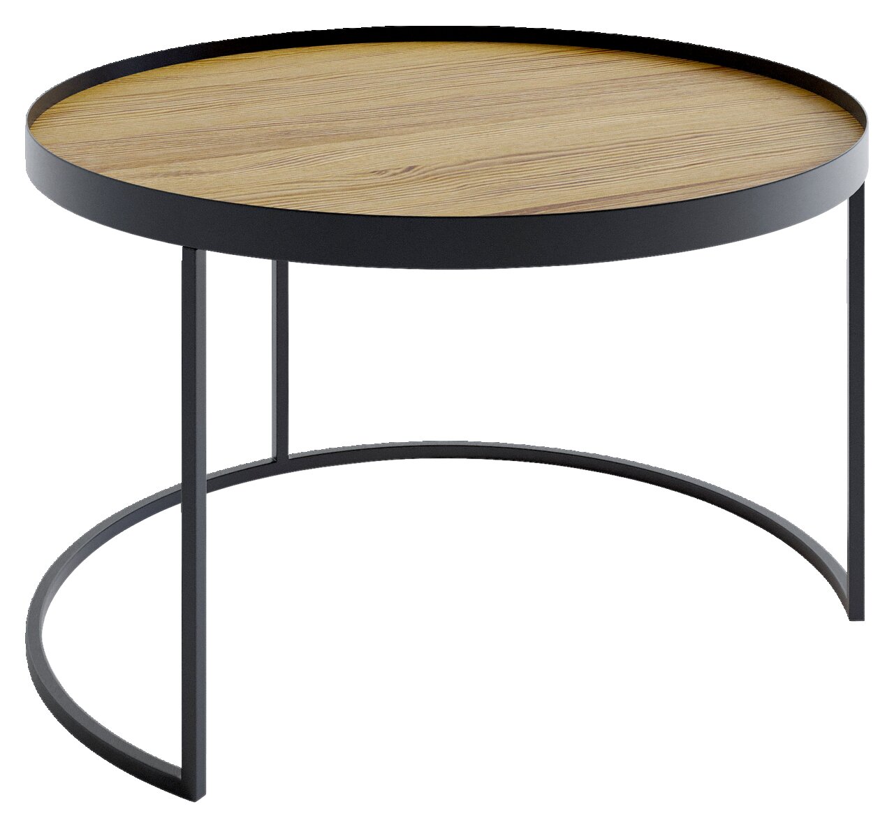 Runder Couchtisch mit schwarzem Metallgestell und Holzplatte, seitliche Perspektive