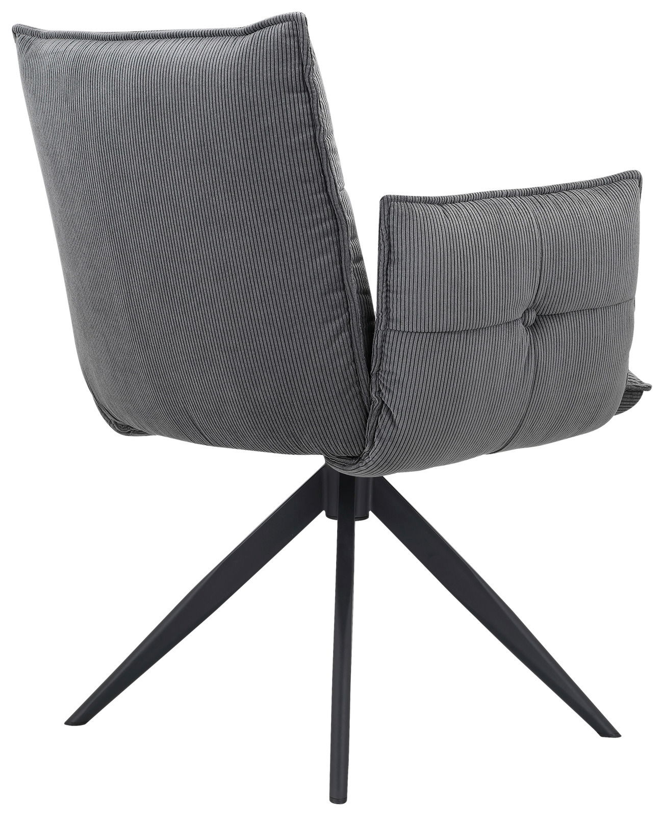 Rückansicht eines grauen Armlehnstuhls mit gestepptem Stoffbezug und schwarzem Metallgestell.