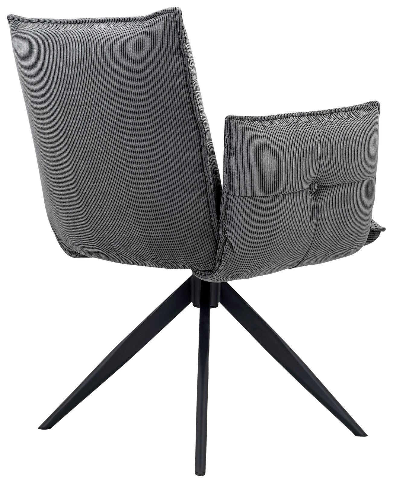 Rückansicht eines grauen Armlehnstuhls mit gestepptem Stoffbezug und schwarzem Metallgestell.