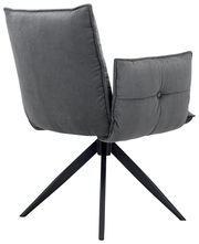 Rückansicht eines grauen Armlehnstuhls mit gestepptem Stoffbezug und schwarzem Metallgestell.