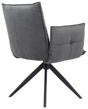 Rückansicht eines grauen Armlehnstuhls mit gestepptem Stoffbezug und schwarzem Metallgestell.