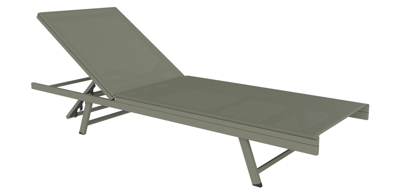 Sonnenliege in seitlicher Perspektive mit verstellbarer Rückenlehne, graue Farbe