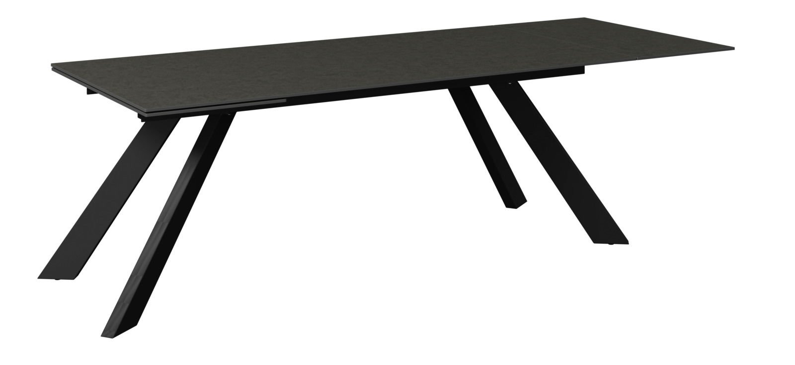 Moderner schwarzer Gartentisch mit schrägen Beinen, seitliche Perspektive