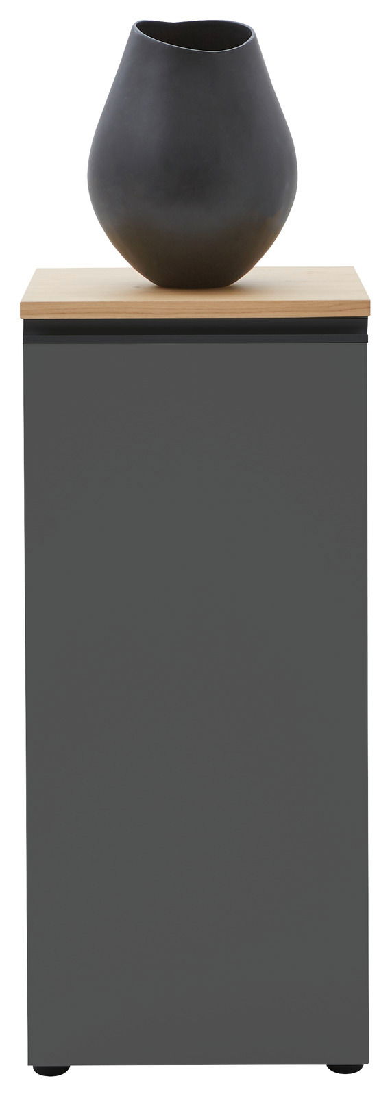 Graue Kommode mit Holzplatte und schwarzer Vase, Frontalansicht