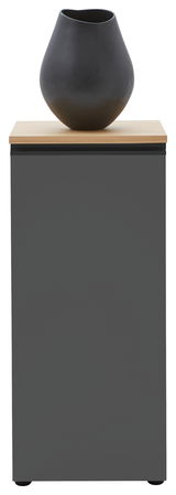 Graue Kommode mit Holzplatte und schwarzer Vase, Frontalansicht