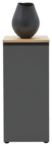 Graue Kommode mit Holzplatte und schwarzer Vase, Frontalansicht