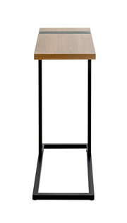 Schmaler Beistelltisch/Konsolentisch mit heller Holzplatte und schwarzem Metallgestell, freigestellt auf weißem Hintergrund, Frontansicht