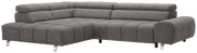 Graues Ecksofa mit Ottomane links, moderne Polsterung und verstellbaren Kopfstützen, Perspektive von vorne links.