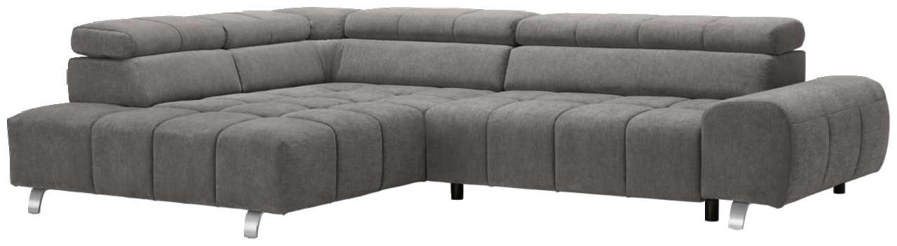 Graues Ecksofa mit Ottomane links, moderne Polsterung und verstellbaren Kopfstützen, Perspektive von vorne links.