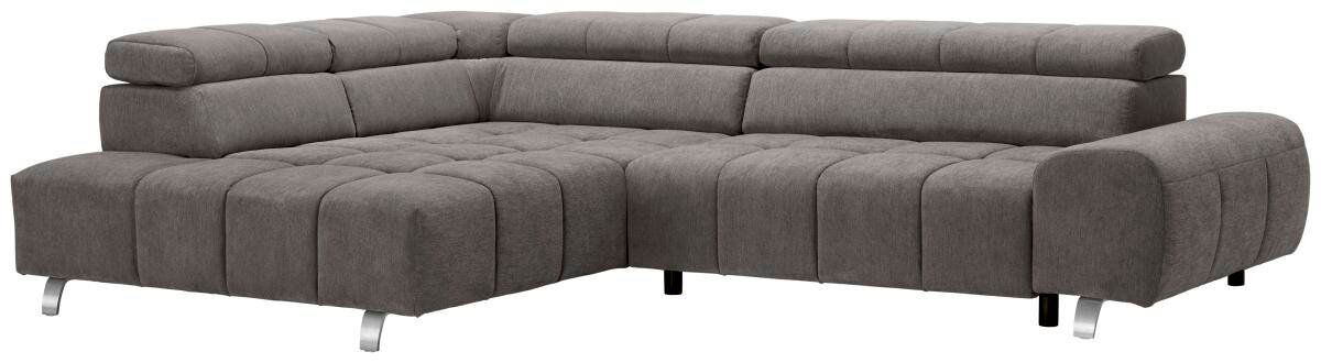 Graues Ecksofa mit Ottomane links, moderne Polsterung und verstellbaren Kopfstützen, Perspektive von vorne links.