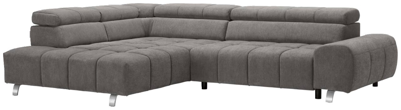Graues Ecksofa mit Ottomane links, moderne Polsterung und verstellbaren Kopfstützen, Perspektive von vorne links.