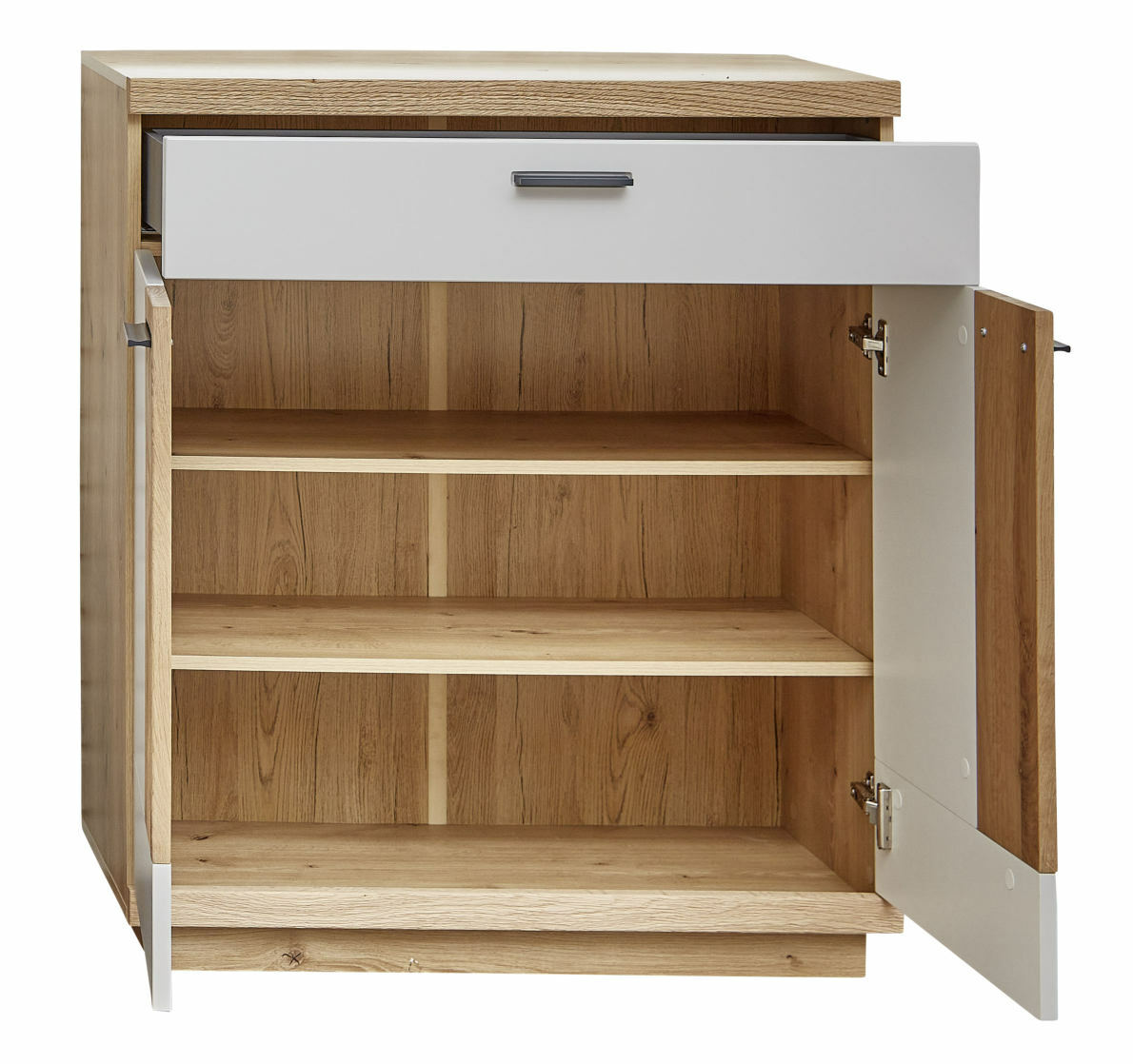 Schuhschrank aus Holz mit einer Schublade und zwei offenen Türen, frontal betrachtet