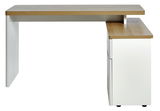 Moderner Eck-Schreibtisch mit Holzoberfläche und weißem Korpus, seitliche Perspektive