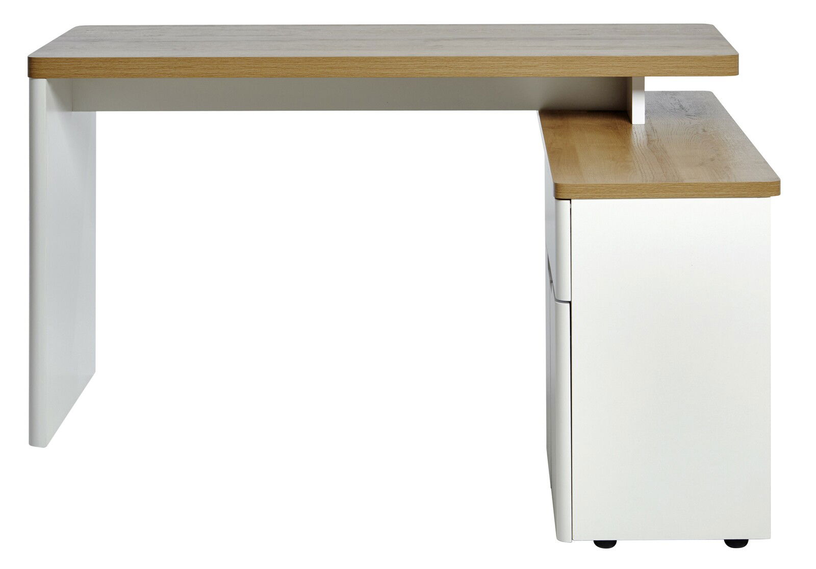 Moderner Eck-Schreibtisch mit Holzoberfläche und weißem Korpus, seitliche Perspektive