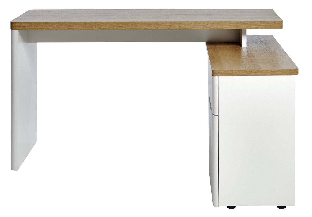 Moderner Eck-Schreibtisch mit Holzoberfläche und weißem Korpus, seitliche Perspektive