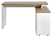 Moderner Eck-Schreibtisch mit Holzoberfläche und weißem Korpus, seitliche Perspektive