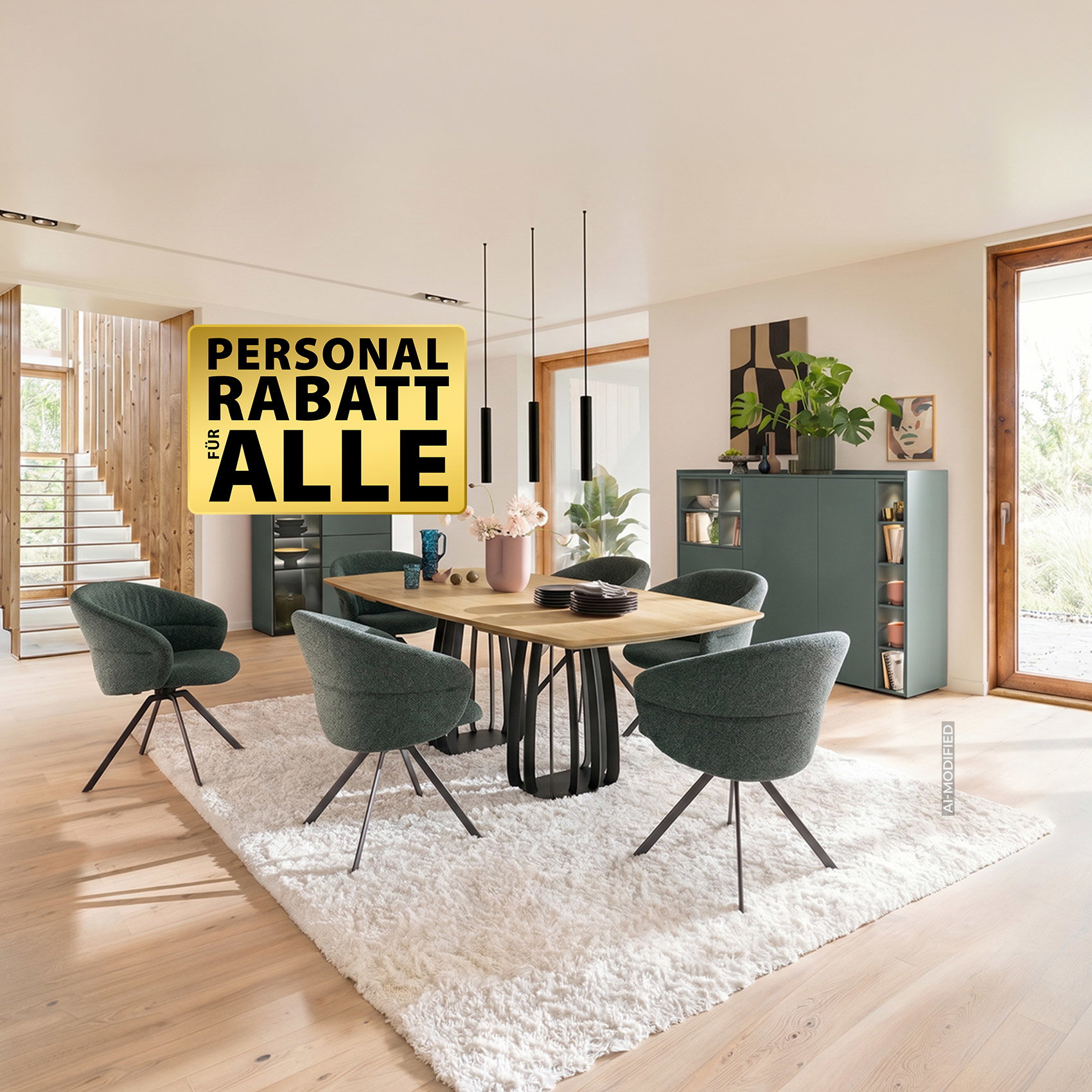 Modernes Esszimmer mit Design-Esstisch aus Holz, grünen Drehstühlen und eleganten Vitrinenschränken.